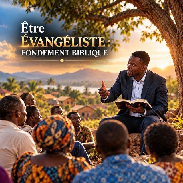 Affiche « Être évangéliste : fondement biblique » : un prédicateur enseigne à partir d’une Bible ouverte à des personnes assises sous un arbre