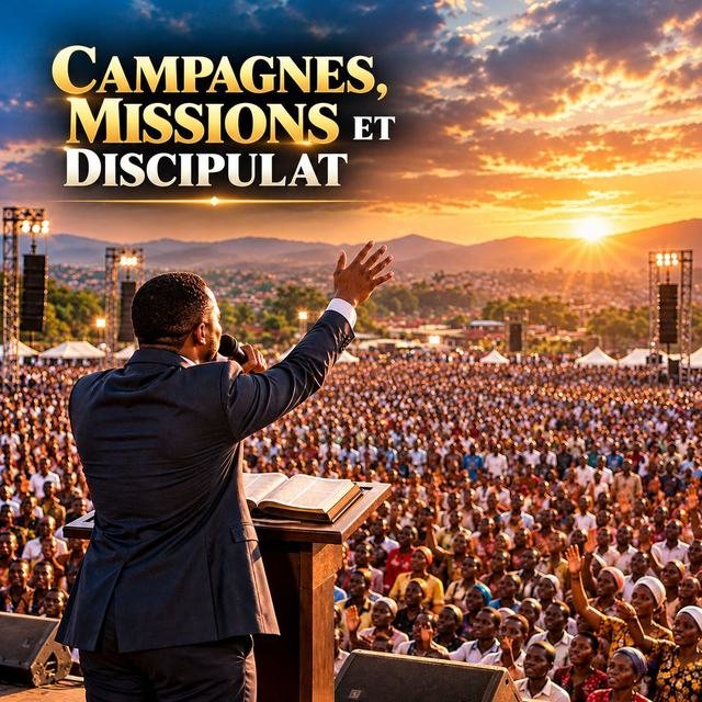 Affiche « Campagnes, missions et discipulat » : un prédicateur s’adresse à une grande foule en plein air au coucher du soleil