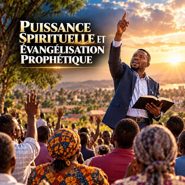 Affiche « Puissance spirituelle et évangélisation prophétique » : un prédicateur, Bible en main, montre le ciel devant une foule en prière